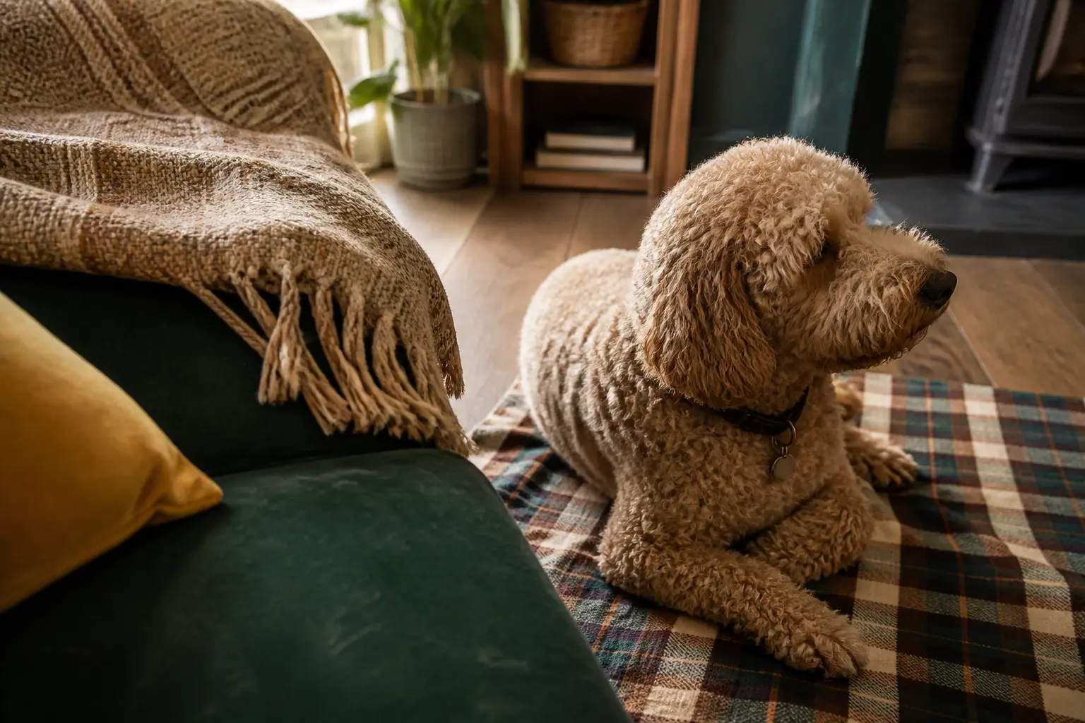 Chien qui ne perd pas ses poils, chien bouclé au salon, poils quasi absents sur le canapé et le sol en bois.
