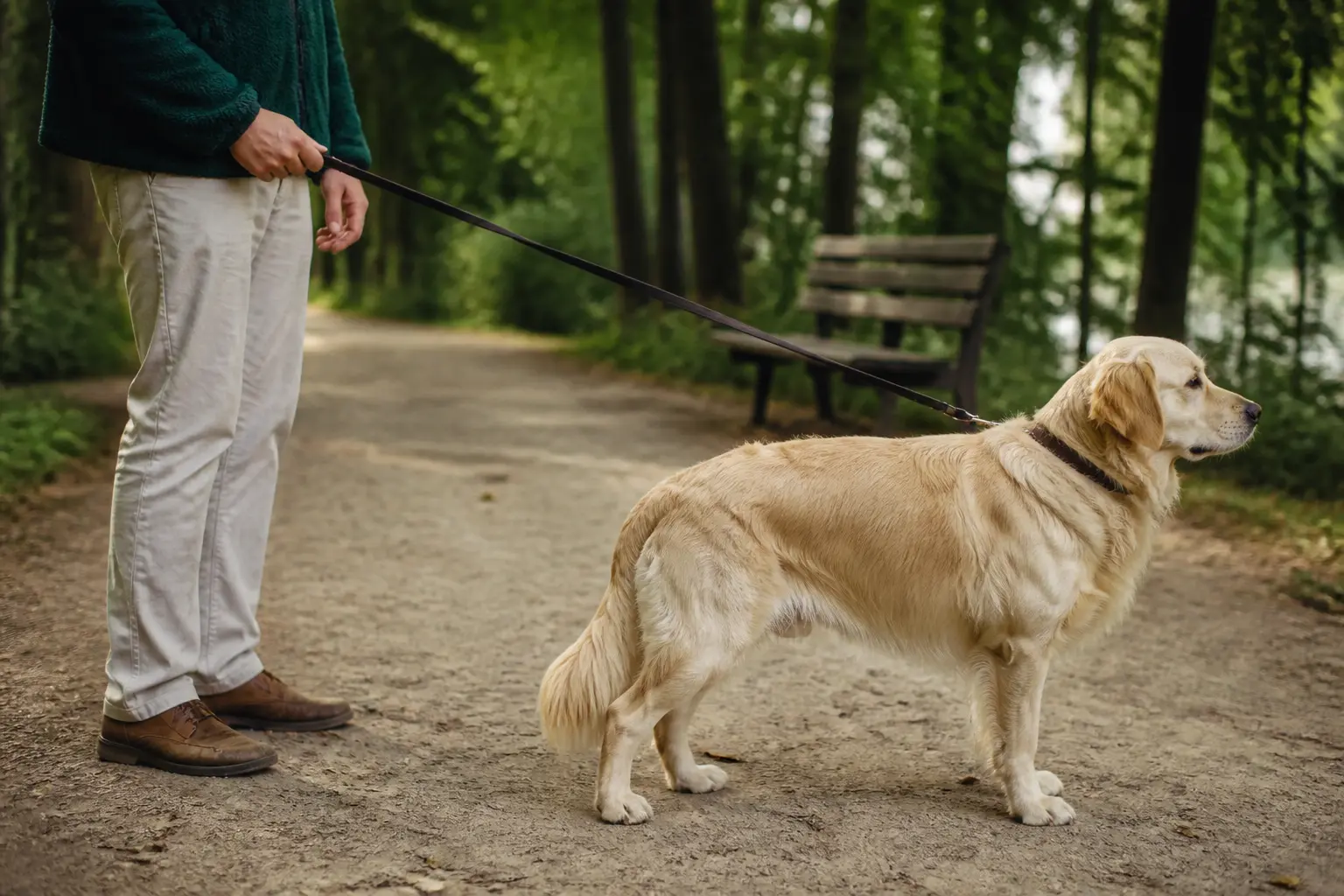 Chien qui tire en laisse, arrêté sur un sentier de parc, maître immobile à ses côtés, ambiance calme et naturelle