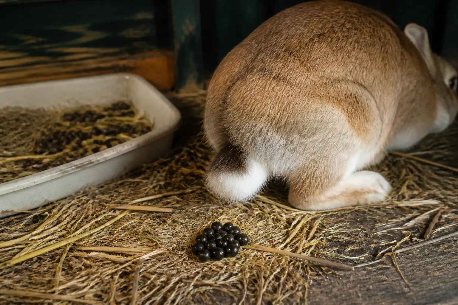 Crotte de lapin : lapin calme en litière, crottes sèches rondes et cæcotrophes brillants visibles près de l’arrière-train