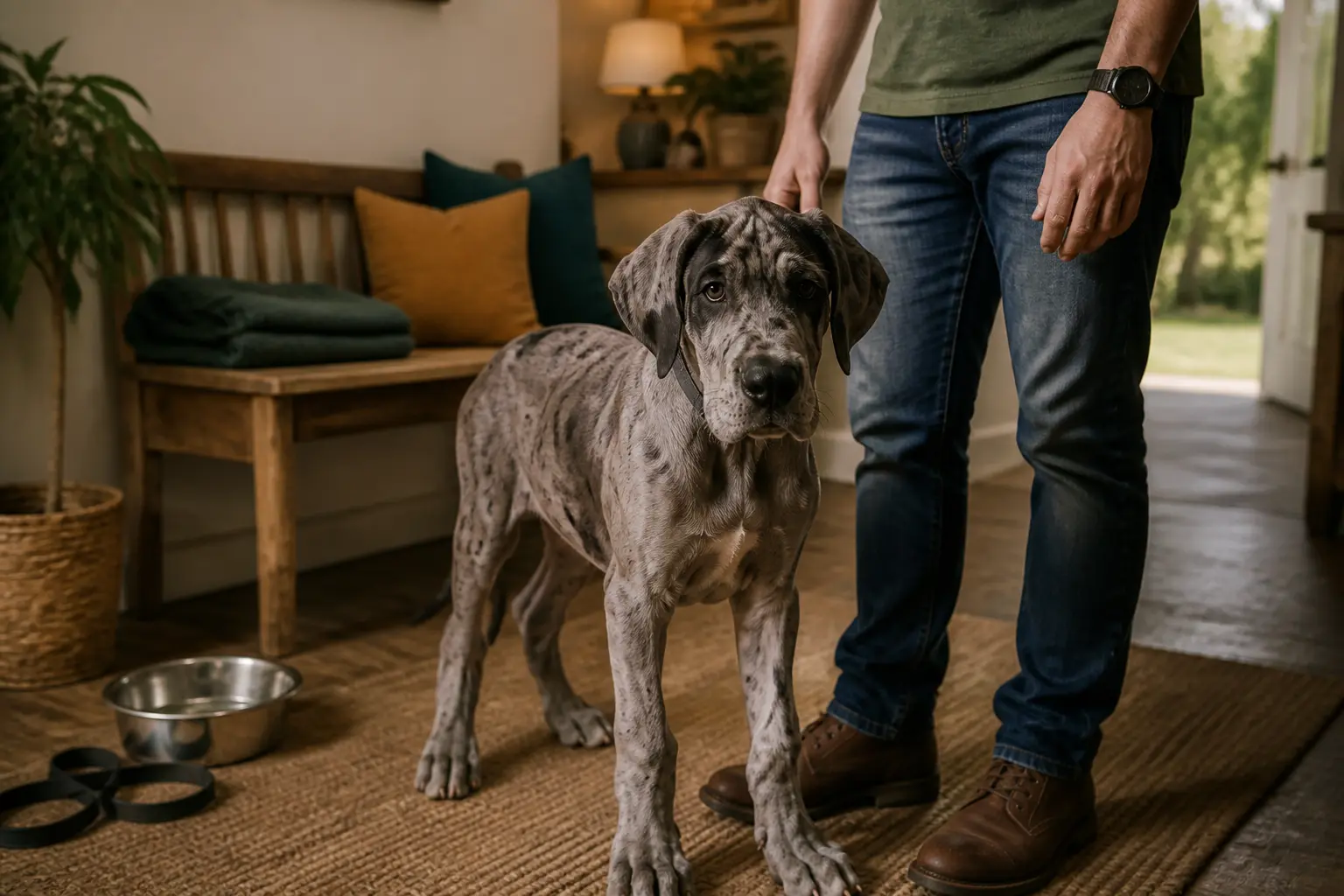 Dogue allemand chiot dans une entrée de maison, près de son maître, avec laisse et gamelle, montrant sa grande taille et l’engagement.