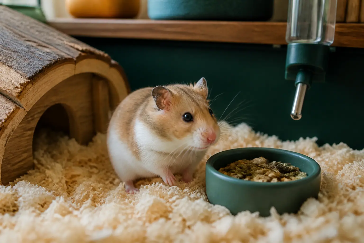 Hamster en habitat intérieur soigné, illustrant la durée de vie hamster et les soins quotidiens en maison.