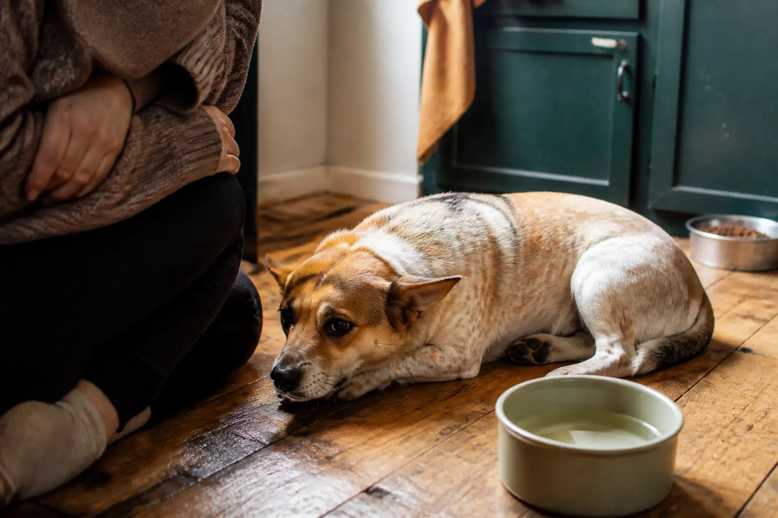 gastro chien : chien calme après vomissement, posture basse près de sa gamelle dans une cuisine chaleureuse