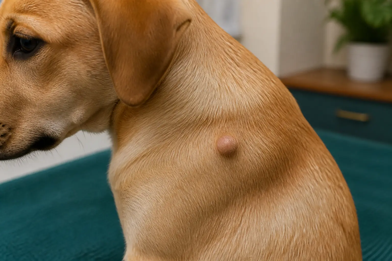 Histiocytome chien : gros plan d’une petite boule cutanée lisse sur l’épaule d’un jeune chien, en cabinet vétérinaire.