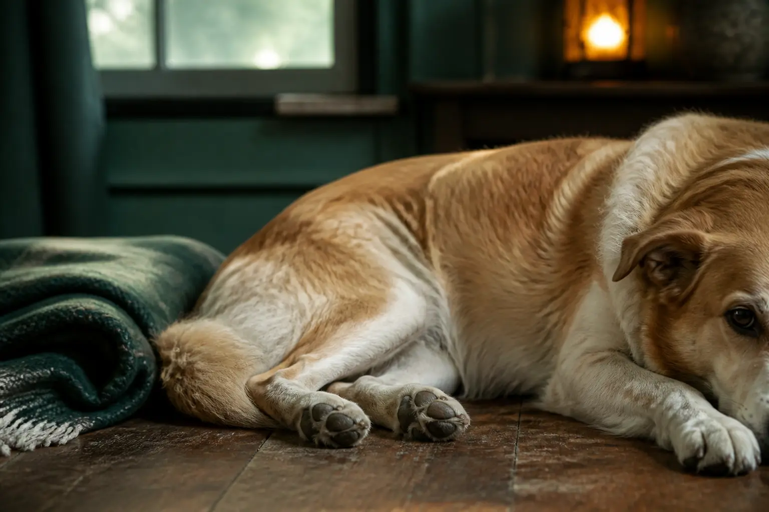 Chien adulte calme allongé au sol, illustrant l’hypothyroïdie chien dans un intérieur doux et naturel.
