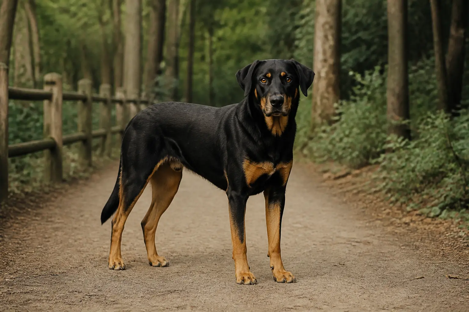 Labrador croisé beauceron debout dans un parc boisé, pelage court noir et fauve, allure calme et athlétique
