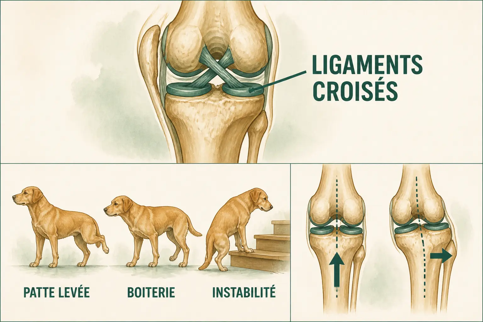 Infographie vétérinaire du ligament croisé chien : grasset, patte levée, boiterie et instabilité du genou.
