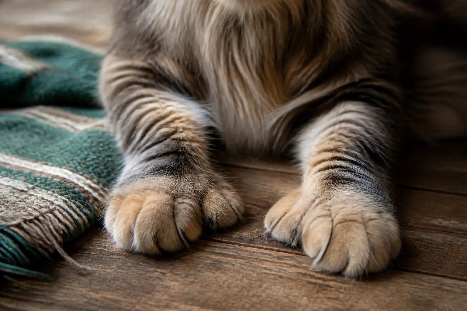 Maine coon polydactyl allongé, pattes avant à doigts supplémentaires visibles sur un sol en bois, ambiance chaleureuse.