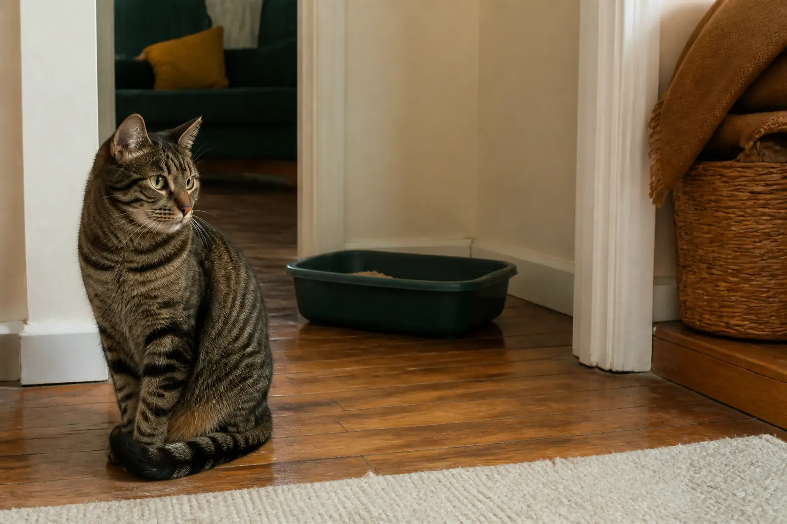 Mon chat fait pipi pour se venger : chat calme près d’une litière déplacée, accès gêné dans un coin de maison.