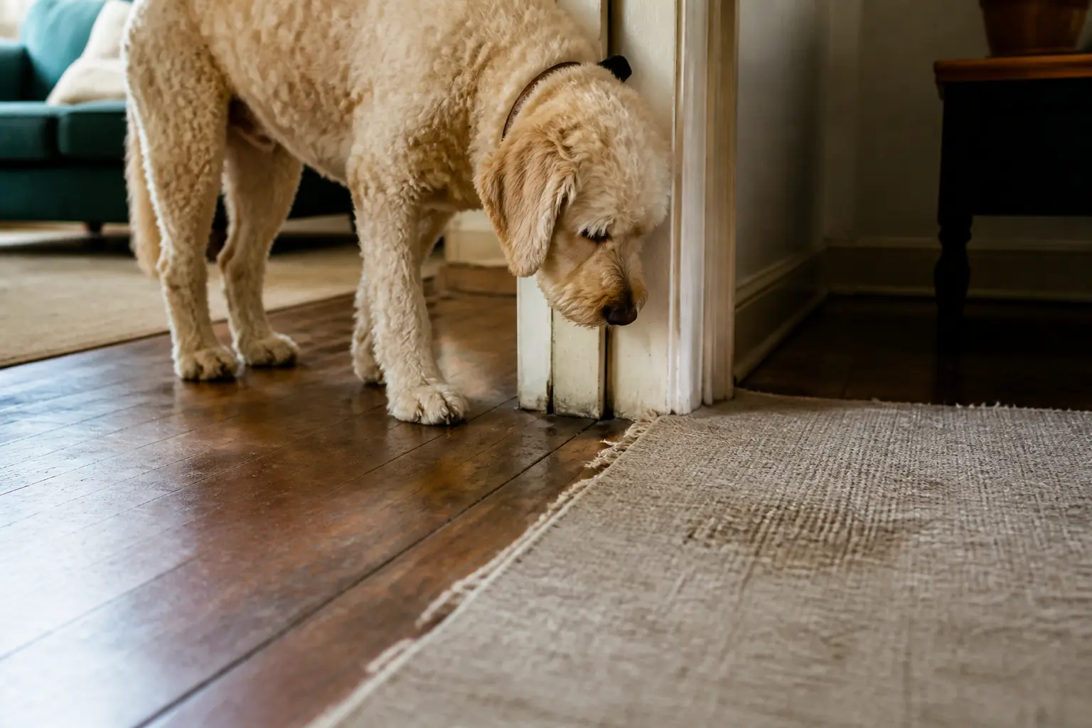 Mon chien fait pipi dans la maison : chien calme près d’une porte, sol en bois usé, vérifications à faire d’abord
