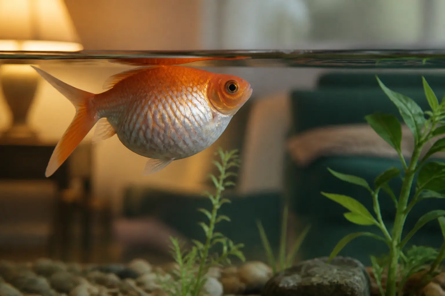 Poisson gonflé dans un aquarium domestique, ventre très distendu et écailles légèrement relevées, vue de côté réaliste.
