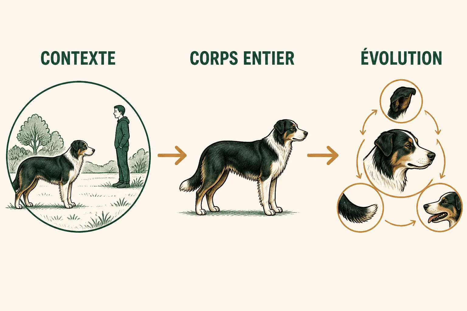 Tableau du langage du chien en infographie: chien calme, humain à distance, posture et signaux évolutifs en 3 étapes.