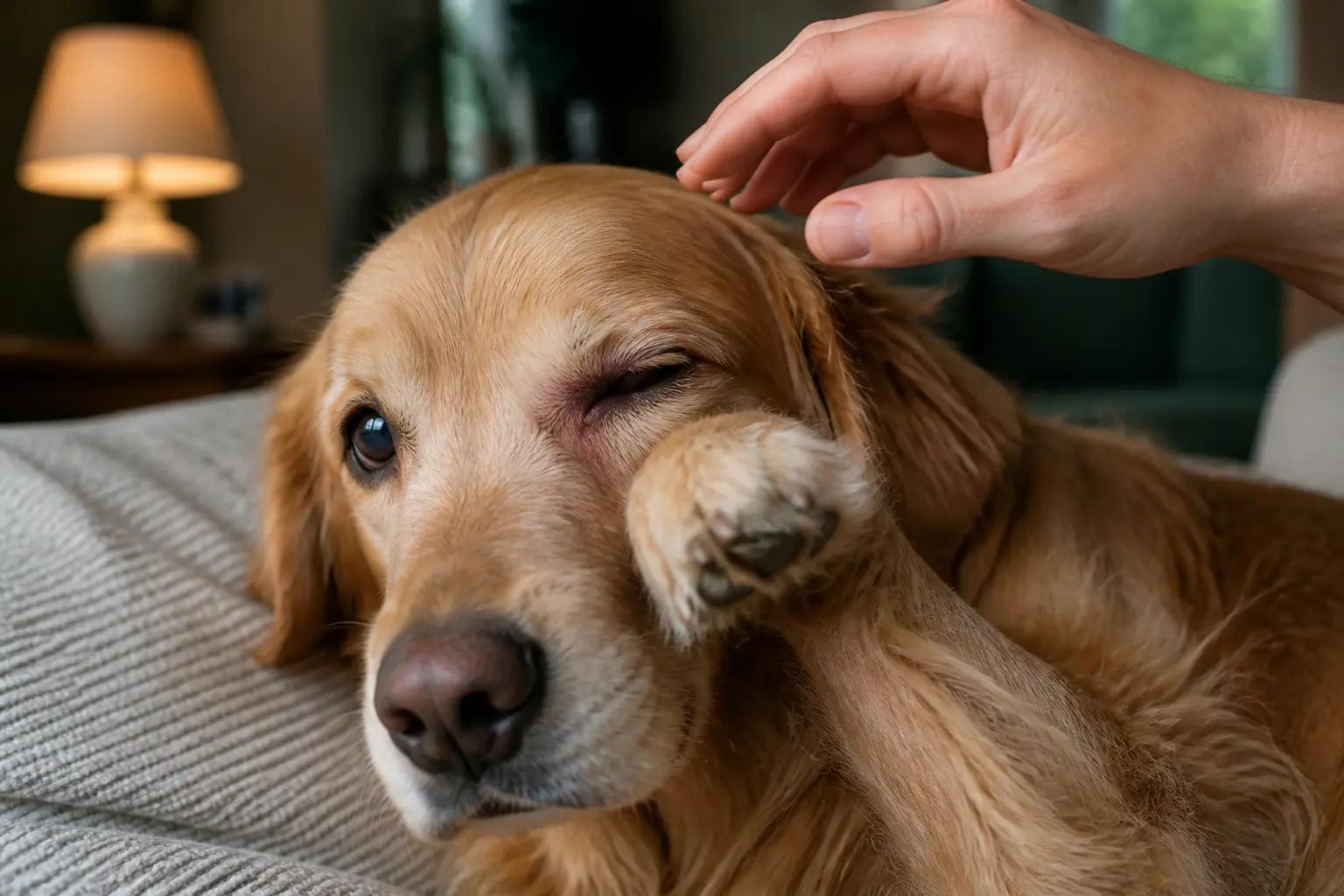ulcere oeil chien : chien calme avec œil légèrement trouble et plissé, main prête à empêcher le frottement, intérieur chaleureux