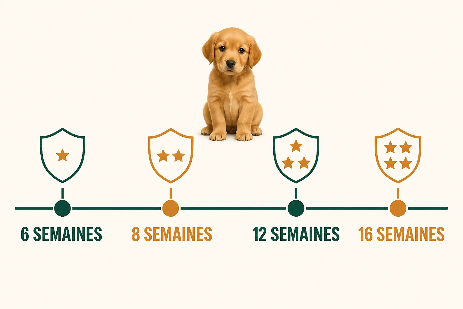 Vaccination du chiot : frise 6, 8, 12 et 16 semaines avec rappels et protection croissante du chiot.