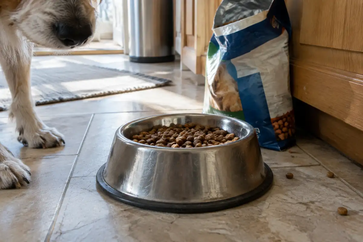 Une gamelle de croquettes sur le carrelage d'une cuisine, à côté d'un sac d'aliment ouvert