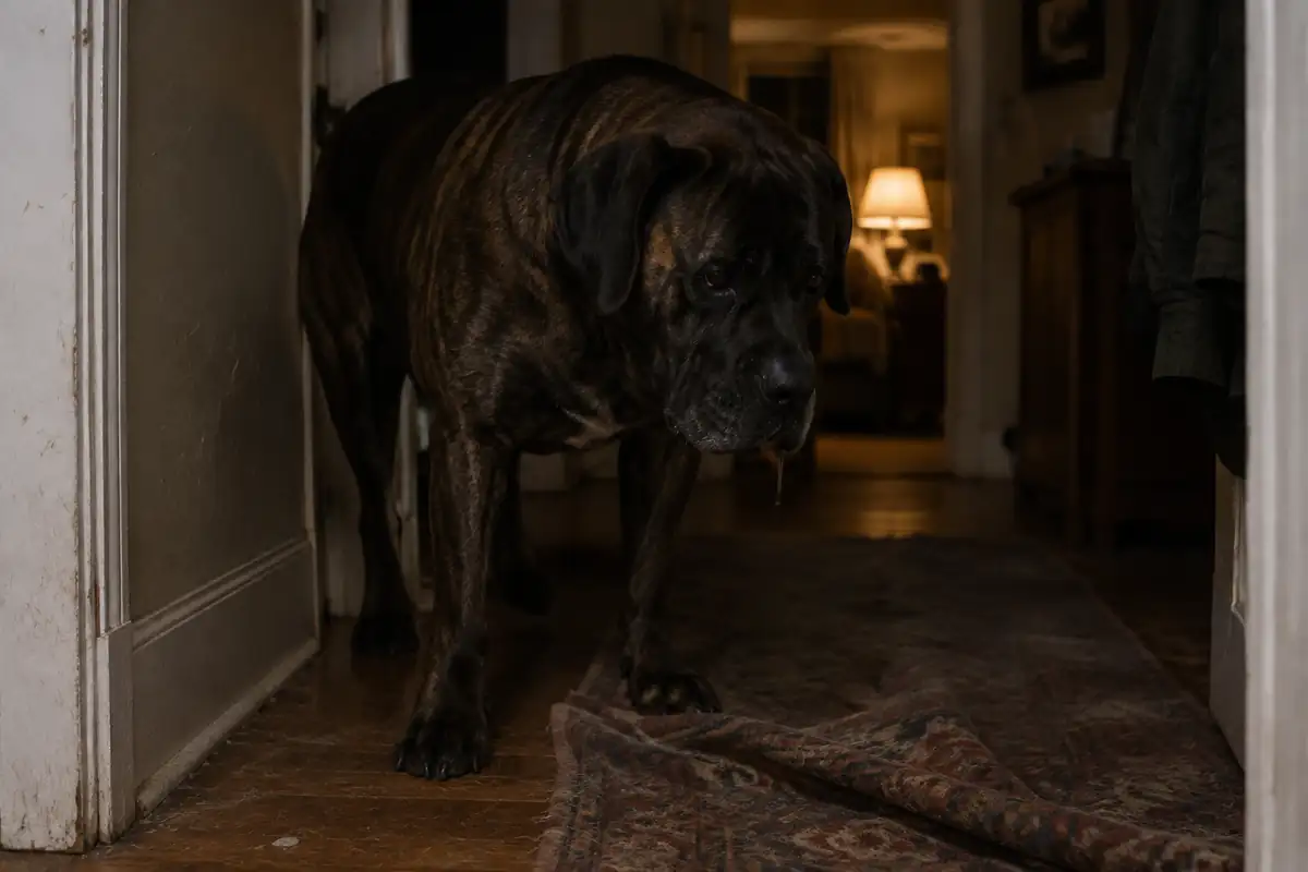 Grand chien au thorax profond, agité dans un couloir de maison la nuit