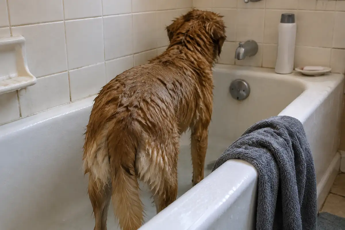 Chien de dos dans une baignoire, au poil mouillé, avec une serviette sur le rebord