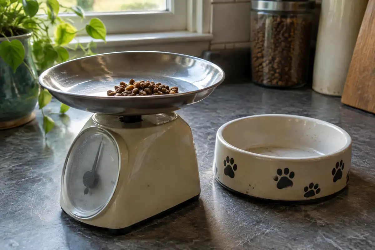 Balance de cuisine à cadran portant quelques croquettes pour chat, à côté d'une gamelle vide ornée de pattes