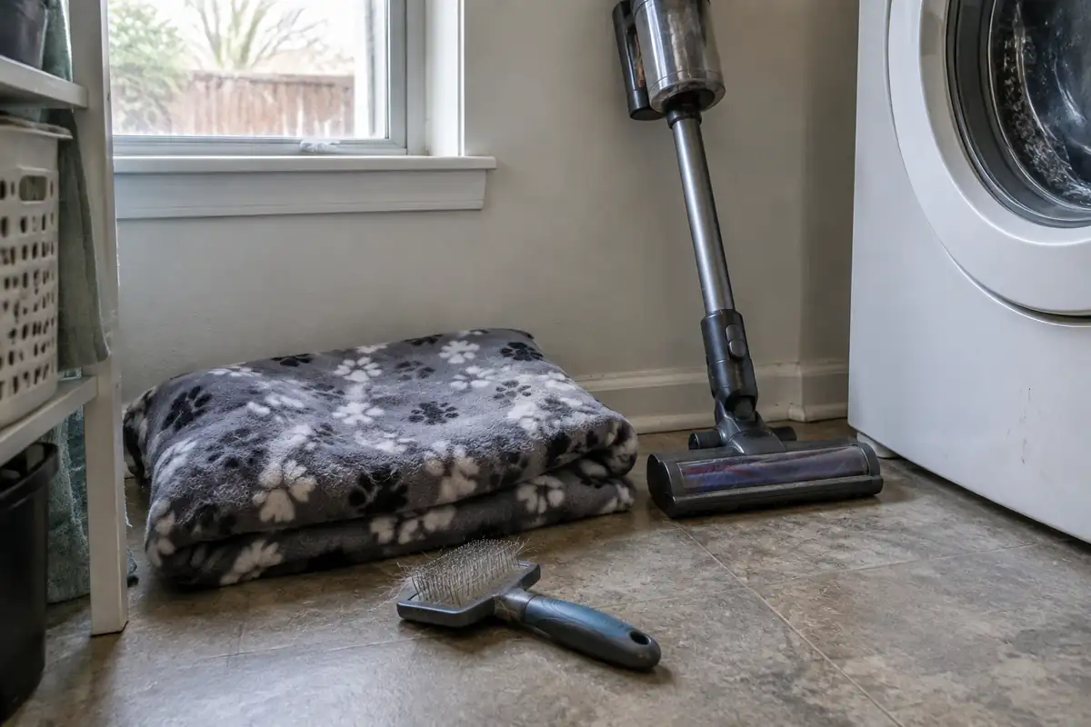 Brosse pour chat, couverture pliée et aspirateur dans une buanderie