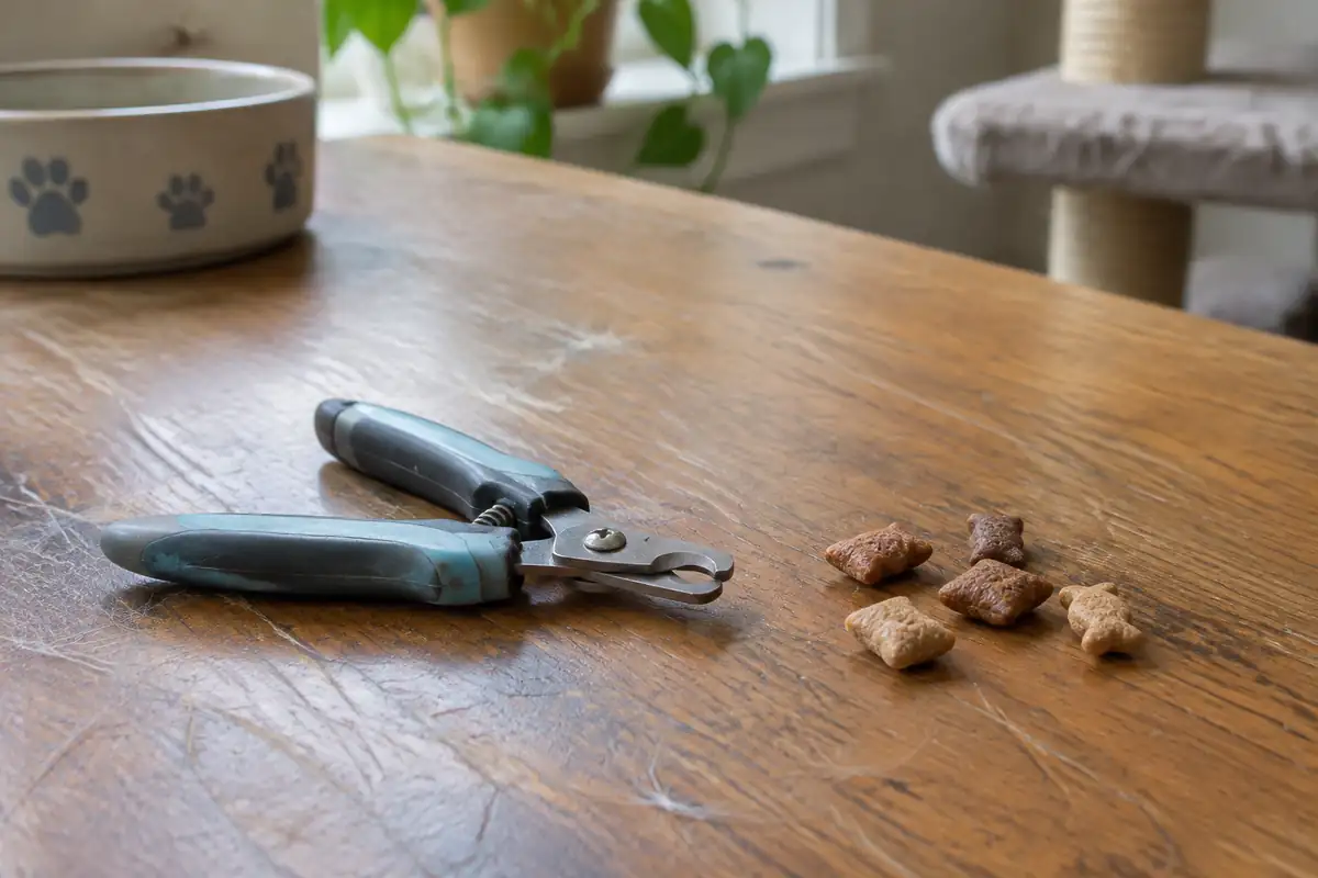 Coupe-griffes et friandises sur une table en bois