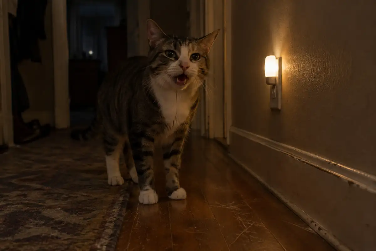 Chat dans un couloir sombre la nuit, la gueule ouverte, éclairé par une veilleuse