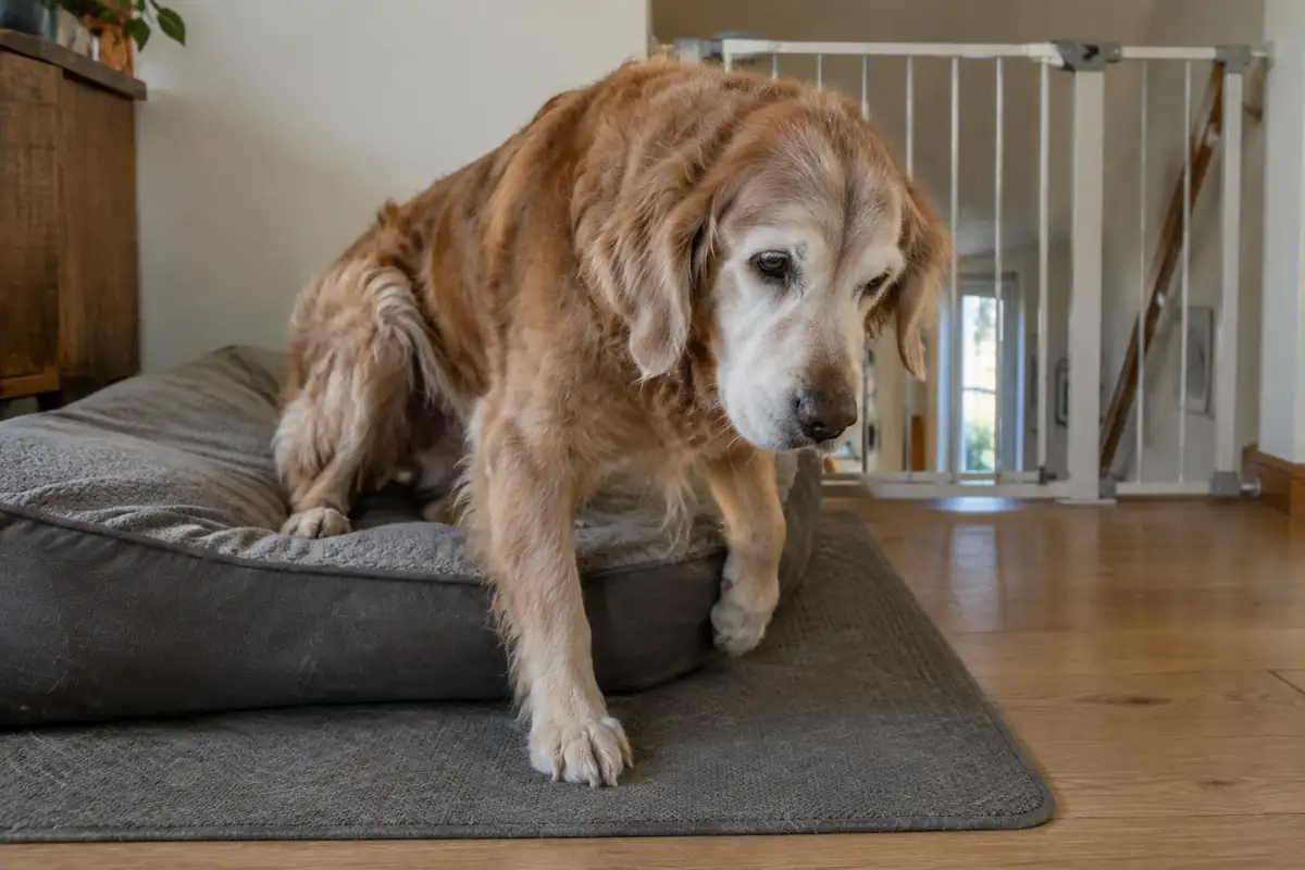Chien âgé se levant d'un coussin bas près d'une barrière d'escalier