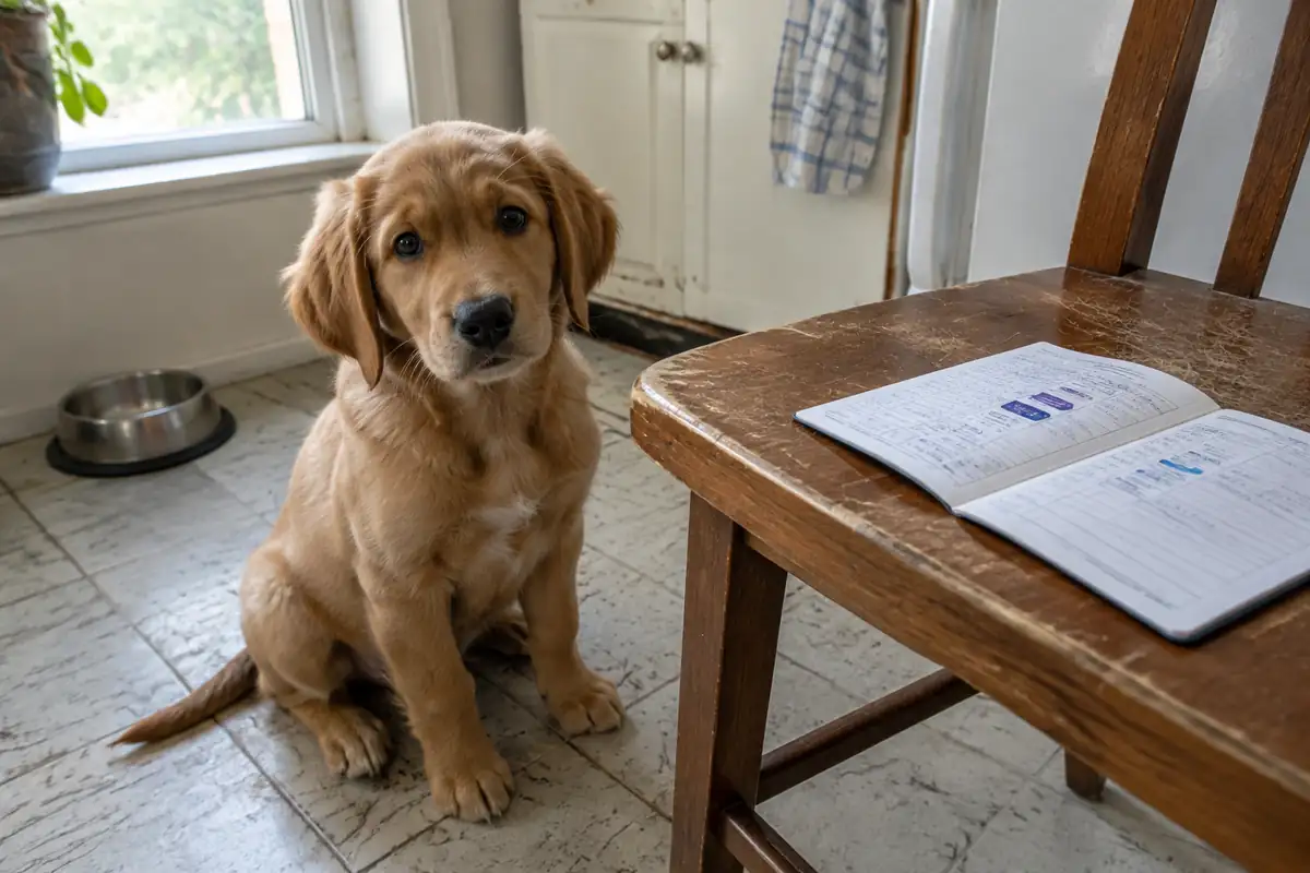 Chiot assis sur le carrelage d'une cuisine à côté d'une chaise où est posé un carnet de santé ouvert
