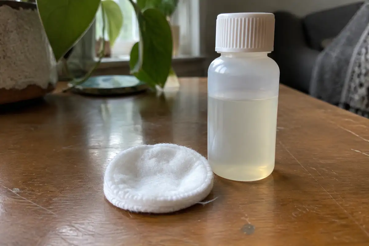 Coton et petit flacon sans étiquette posés sur une table