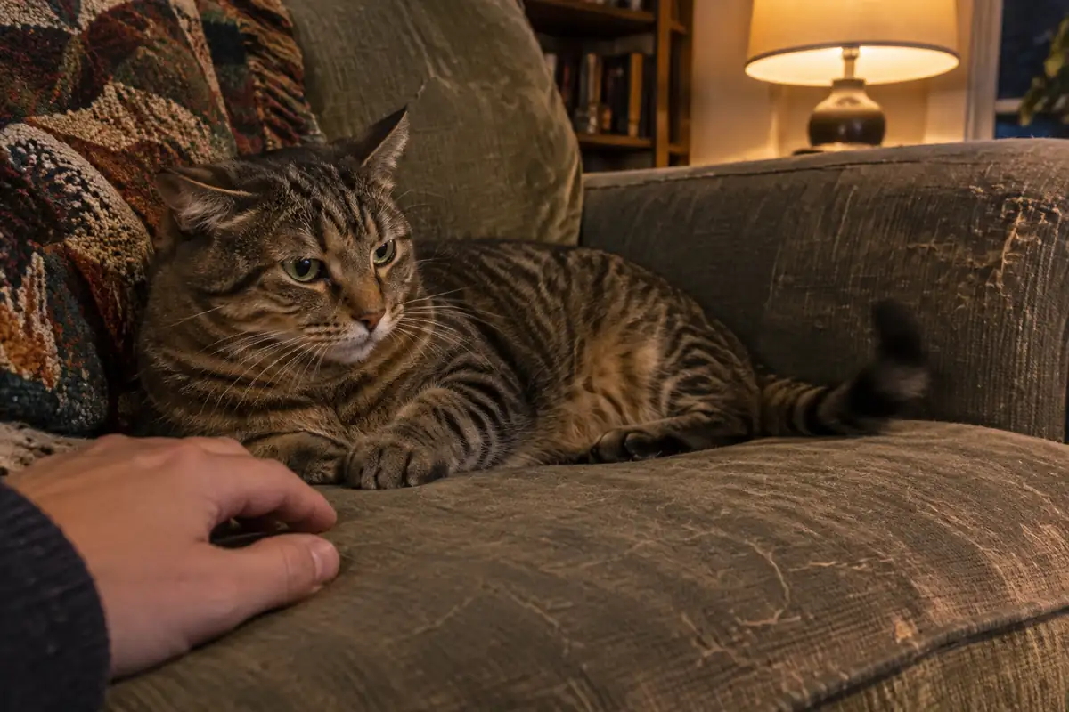 Chat tigré allongé sur un canapé usé, oreilles légèrement en arrière, une main posée près de lui
