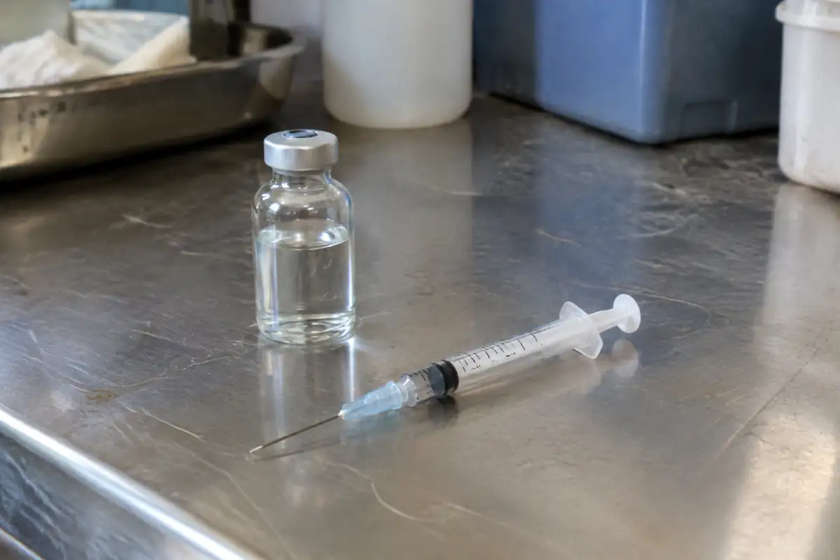 Flacon de vaccin et seringue posés sur une table de soins
