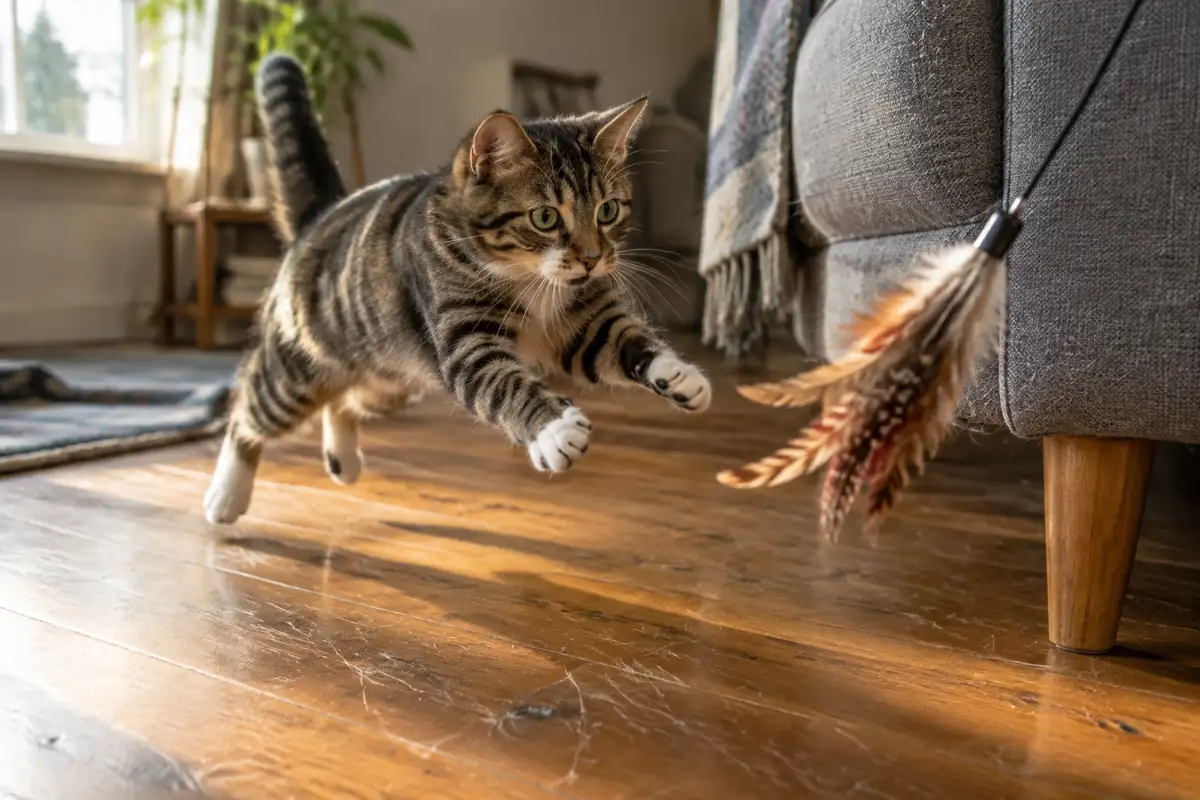 Chat en plein bond vers un jouet à plumes sur un parquet rayé