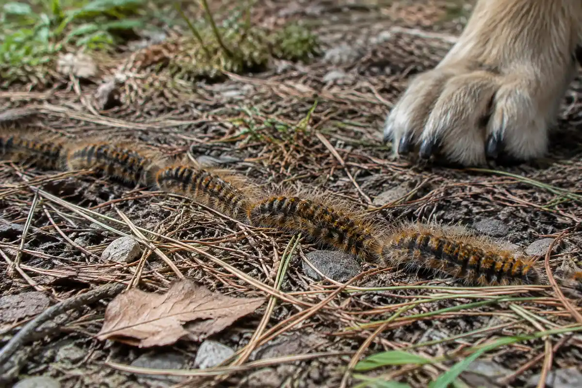 File de chenilles poilues traversant des aiguilles de pin sur un chemin forestier