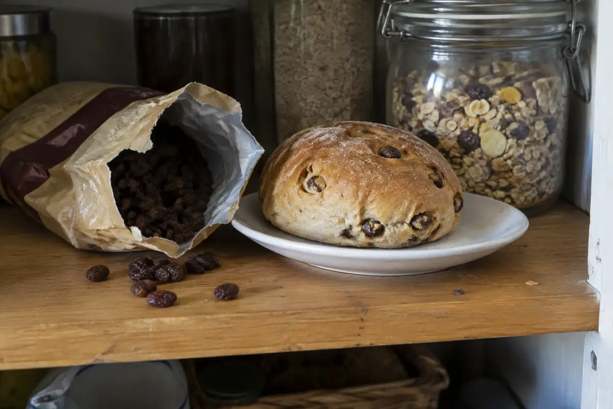 Sachet de raisins secs ouvert, pain aux raisins et bocal de muesli sur une étagère de placard