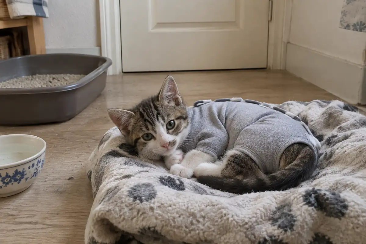 Chaton en body post-opératoire couché dans une petite pièce calme, bac à litière et gamelle d'eau au sol